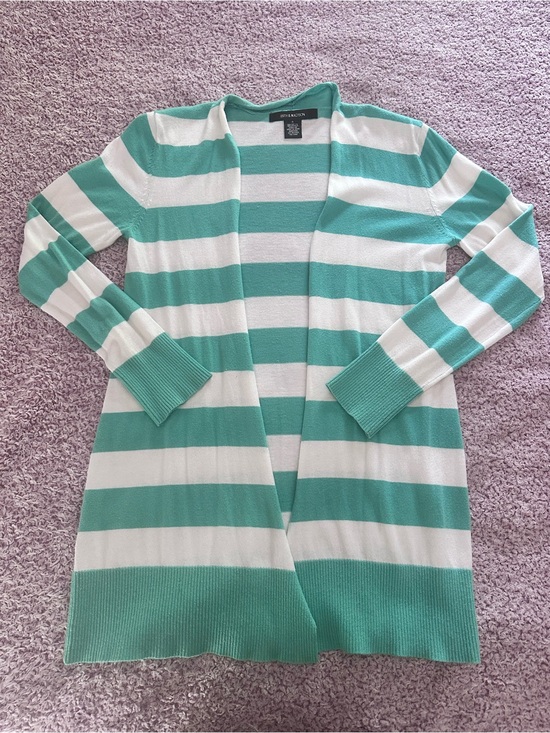 89th & Madison Sweaters - 89th & Madison Mint Green and White Striped Open-Front Cardigan